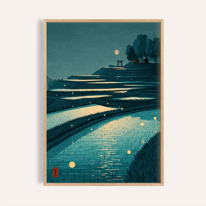 Framed close-up of tranquil rice field poster showing terraced fields under moonlight in blue and yellow tones