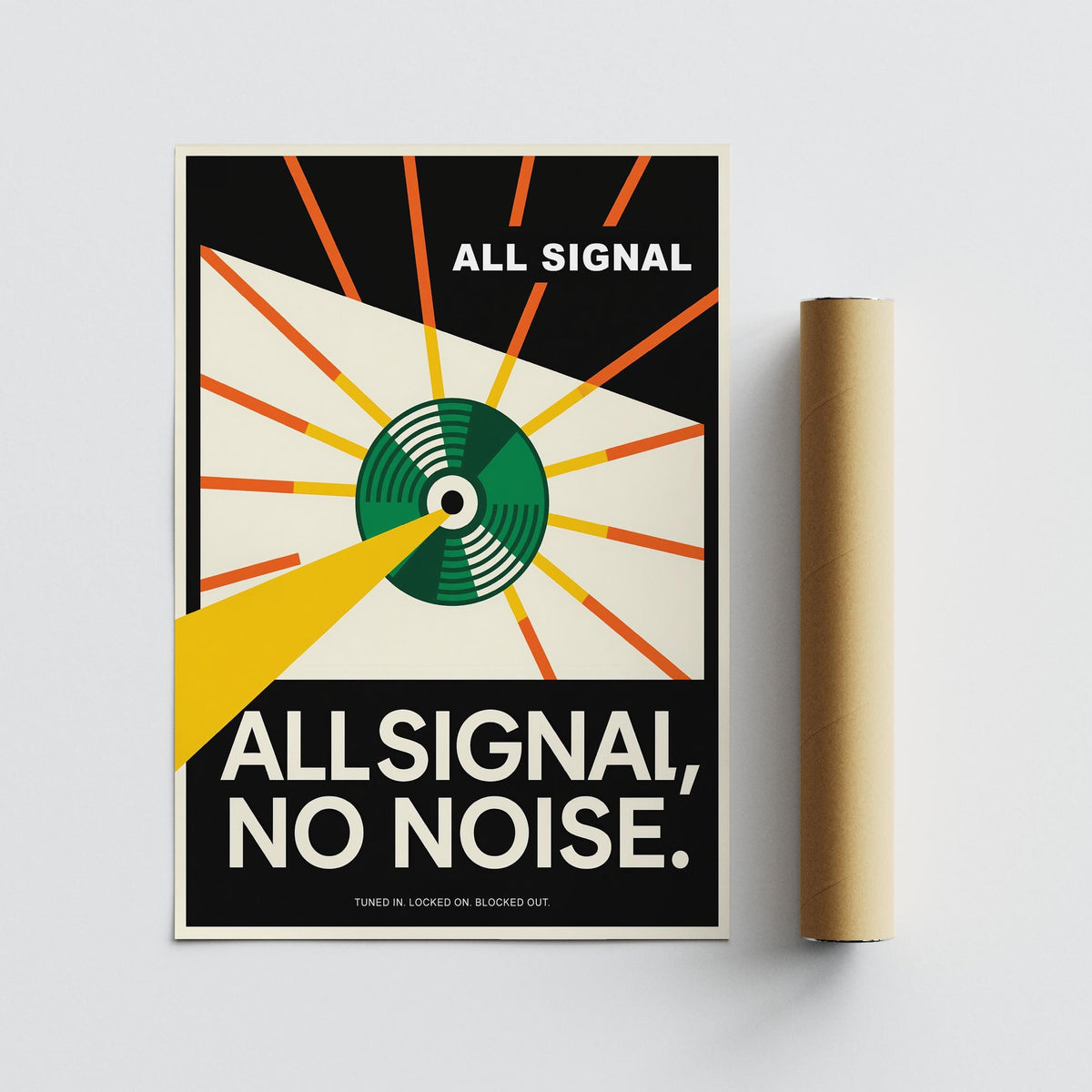 Vinyl Record Poster flat with packaging tube showing green, yellow and orange abstract signal radar design