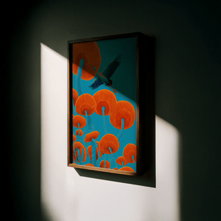 Framed Japandi Bird Print showing a crane bird above orange mushrooms with blue stems in shadow