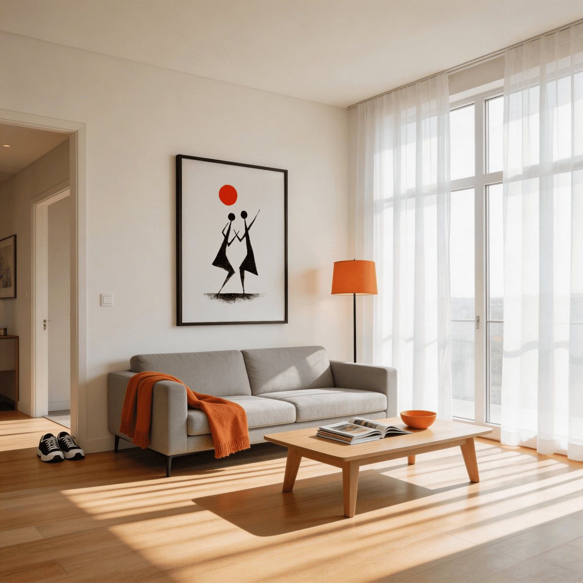Warli Folk Art Print of two black tribal dancers with an orange sun in a bright living room with an orange lamp