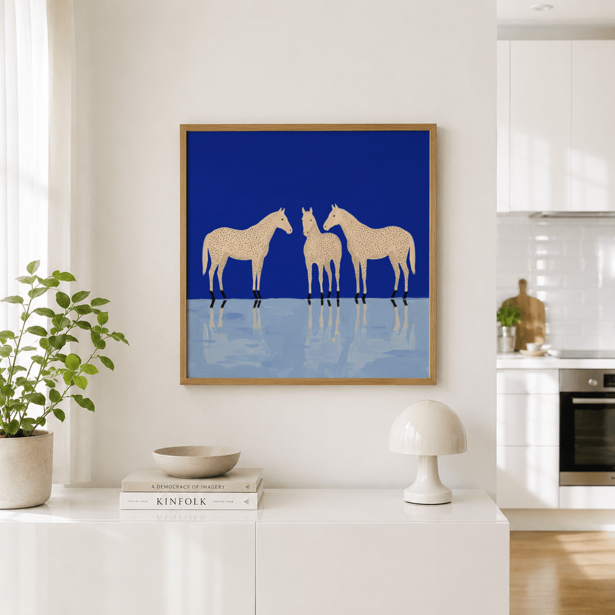 Abstract Horse Poster with three spotted horses against a bright blue background above a lamp in a kitchen