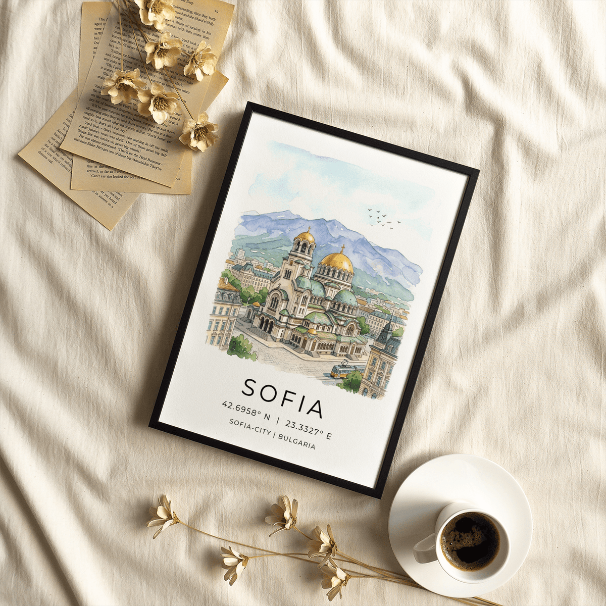 Framed Sofia City art print in watercolour showing Alexander Nevsky Cathedral with golden domes and blue sky