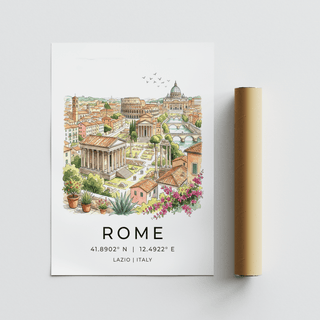 Print of Rome cityscape in illustration and watercolour style with a packaging tube nearby