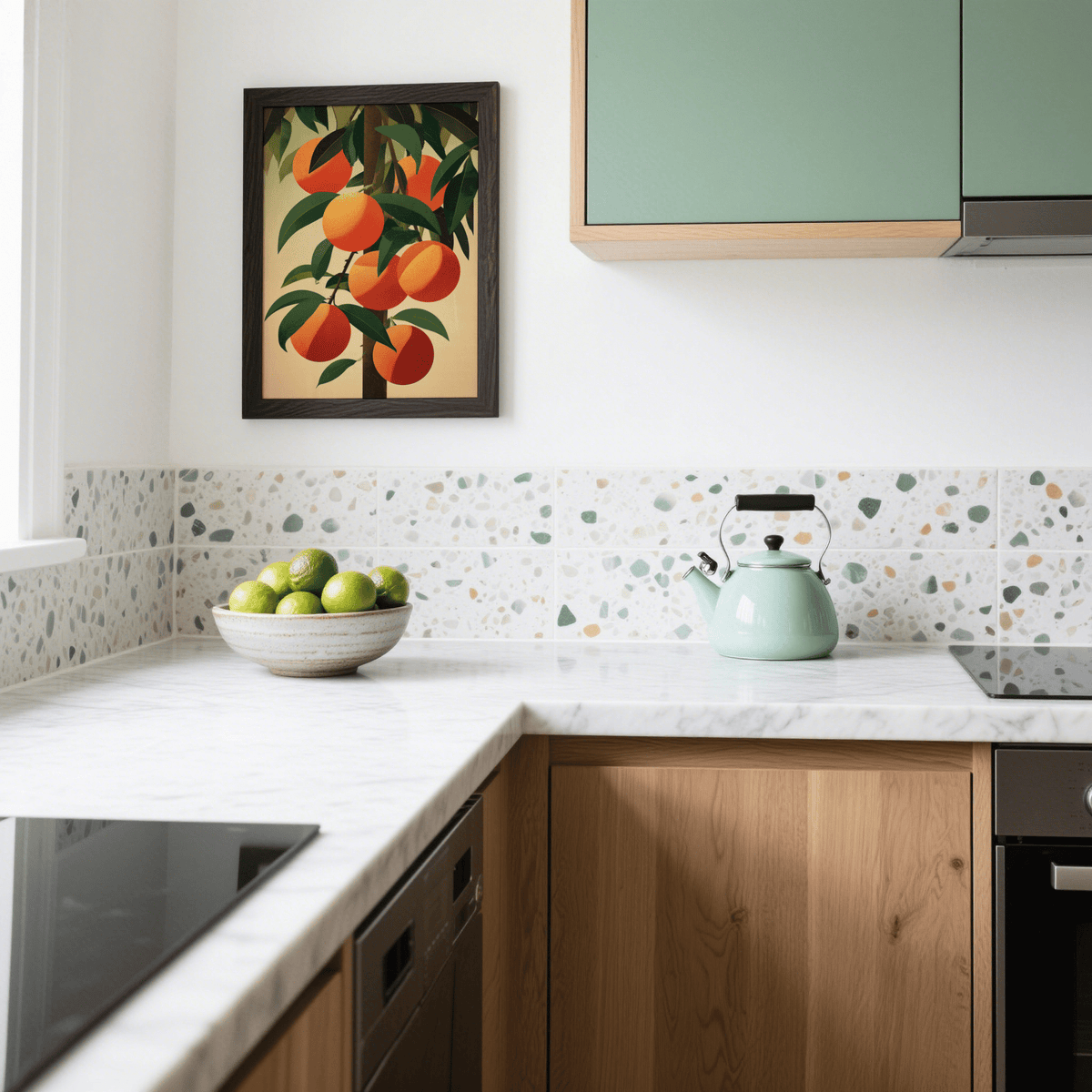 Orange Tree Art print of orange fruit bunch on a beige background in a kitchen above a bowl of green limes