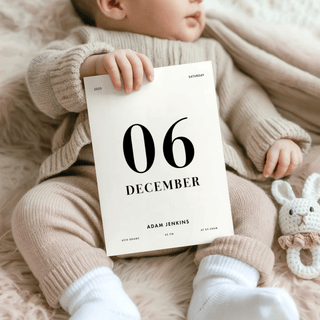 Print held in hands showing a minimalist birth date poster in black and white with a soft toy nearby