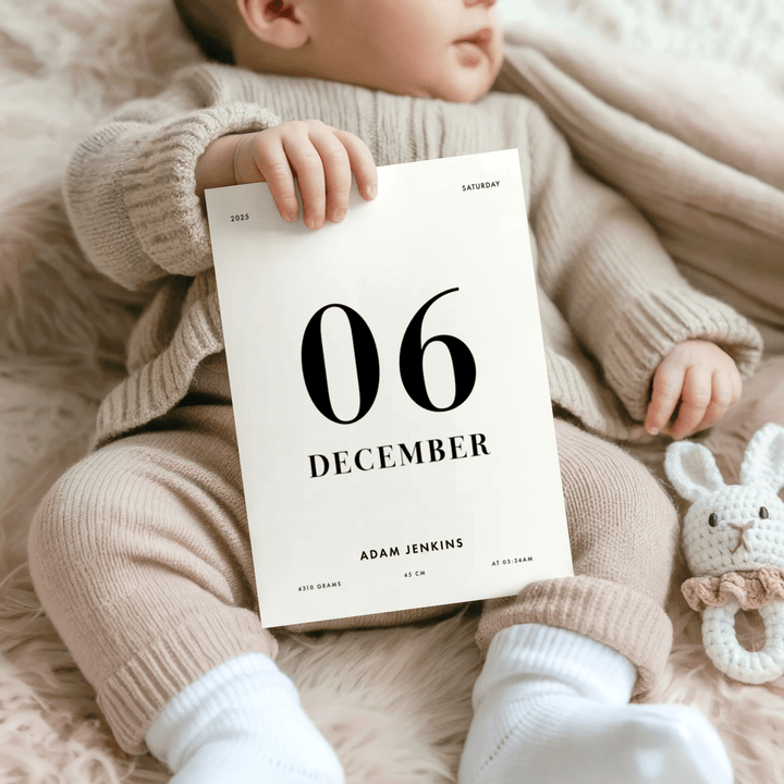 Print held in hands showing a minimalist birth date poster in black and white with a soft toy nearby
