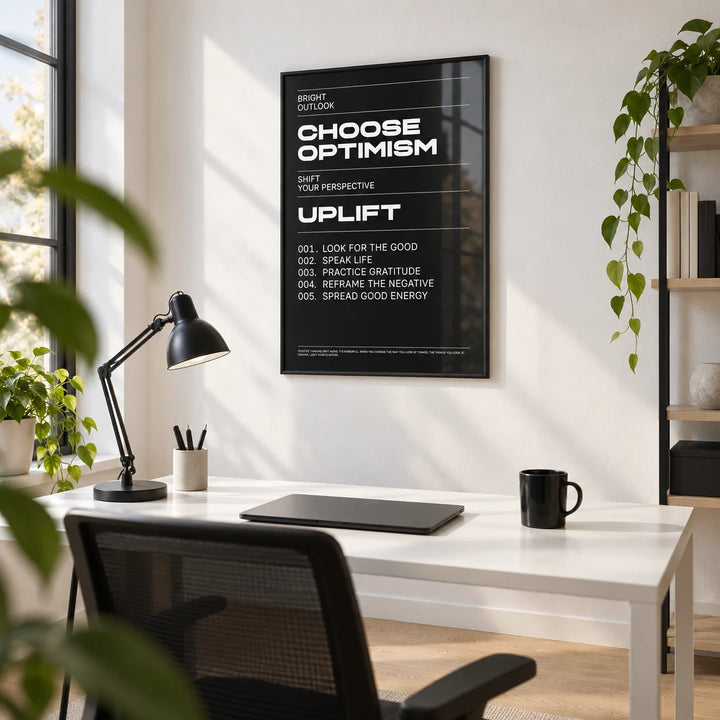 Affirmation Print, framed on the wall of a crisp modern home office with a white wall and a pale oak floor