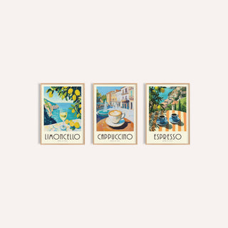 Amalfi Coast Prints Set of 3: Amalfi Limoncello, Morning Piazza and Amalfi Espresso side by side, three separate unframed prints