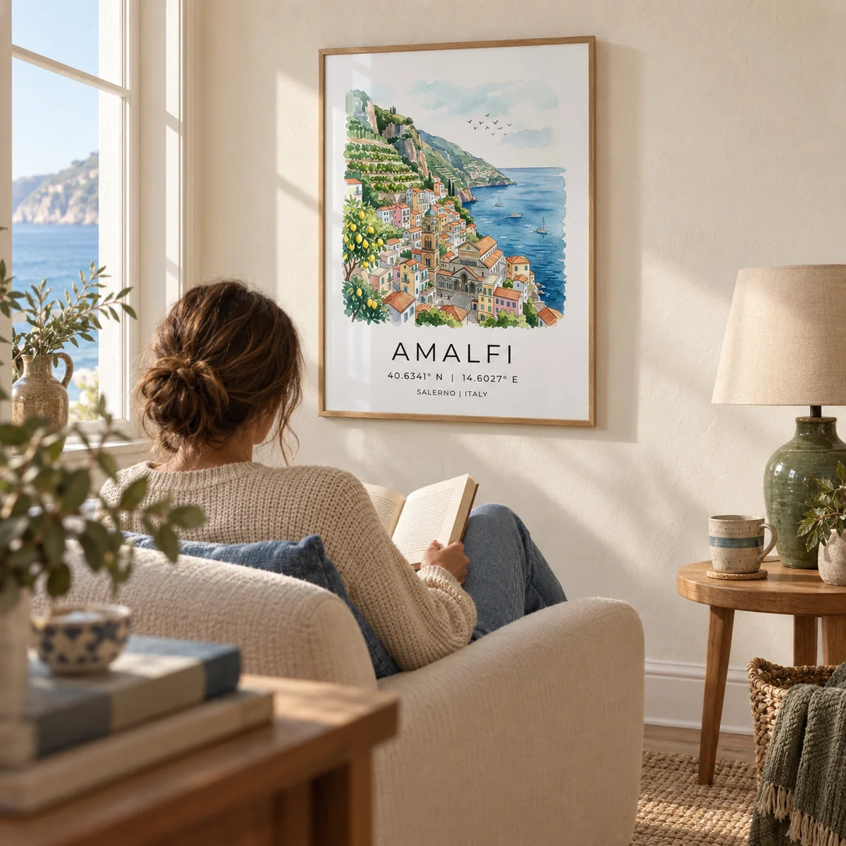 Amalfi Coast Wall Art, framed on the wall of a calm reading corner in a UK coastal flat with cream limewashed walls in a living room