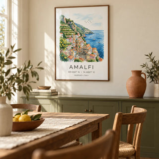Amalfi Coast Wall Art, framed on the wall of a relaxed dining room in a UK home with warm cream walls and an olive green painted sideboard