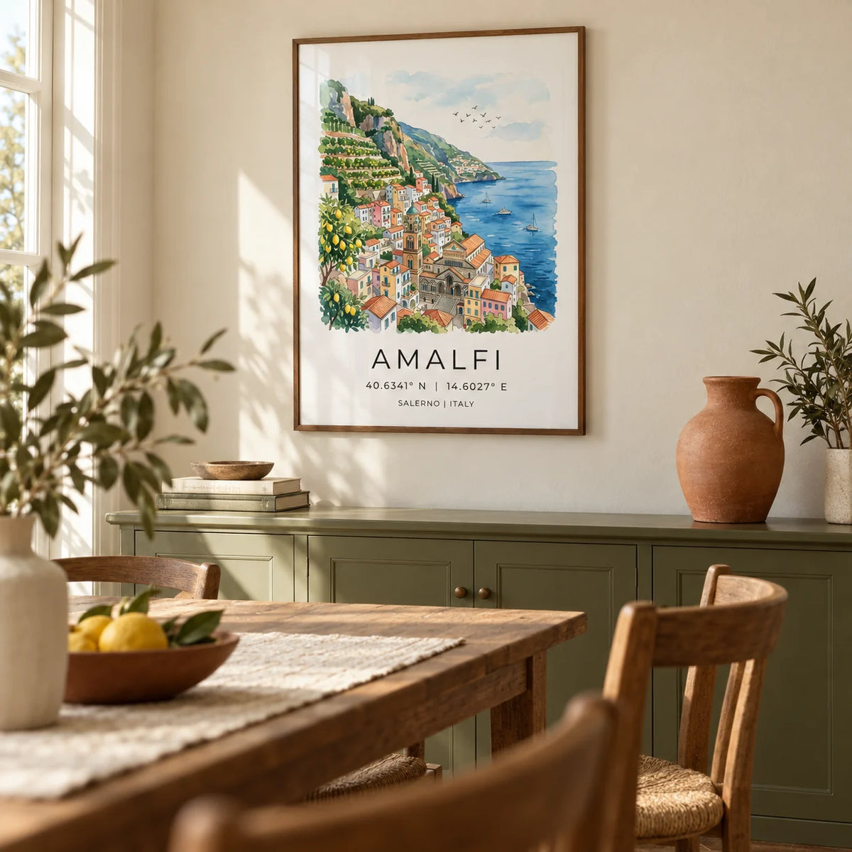 Amalfi Coast Wall Art, framed on the wall of a relaxed dining room in a UK home with warm cream walls and an olive green painted sideboard