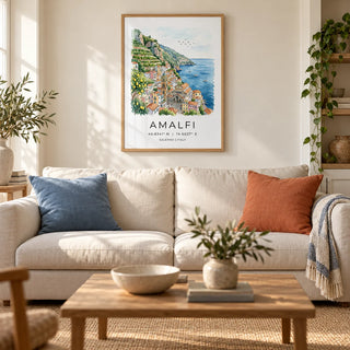 Amalfi Coast Wall Art, framed on the wall of a warm coastal living room in a British terraced house with ivory plaster walls and honey-toned floorboards