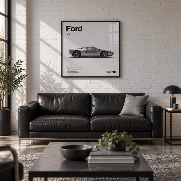 American Supercar Poster, framed on the wall of a smart converted garage den with a white painted brick wall and a polished concrete floor in a living room