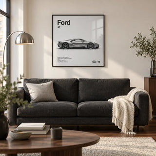 American Supercar Wall Art, framed on the wall of a crisp modern living room in a UK city flat with a warm white wall and walnut flooring