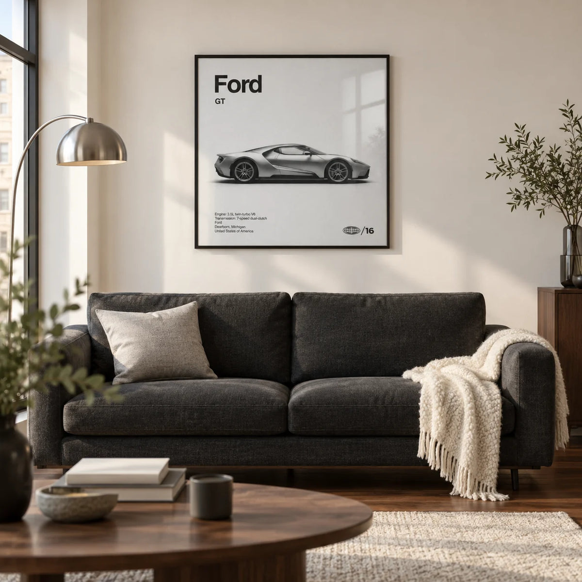 American Supercar Wall Art, framed on the wall of a crisp modern living room in a UK city flat with a warm white wall and walnut flooring