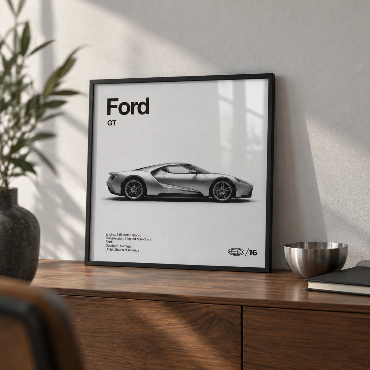 American Supercar Wall Art, a small A4 framed print leaning on a walnut sideboard in a living room