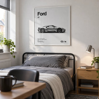 American Supercar Wall Art, framed on the wall of a smart single bedroom for a university student (18-21) in a UK shared house with a white wall