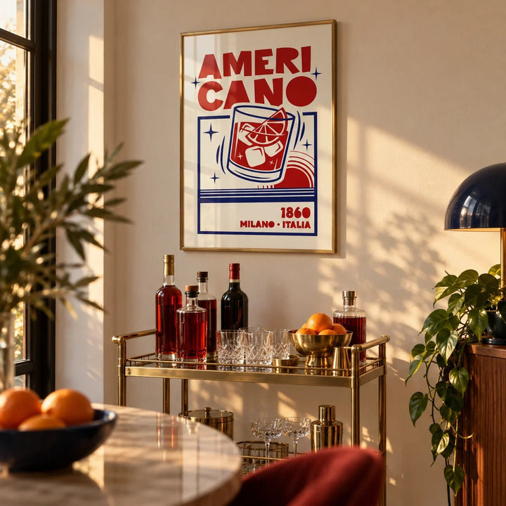 Americano Cocktail Poster, framed on the wall of a home bar corner