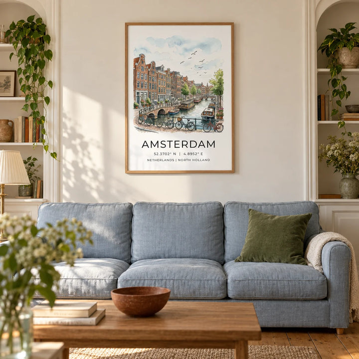 Amsterdam Canal Art Print, framed on the wall of a calm living room in a Victorian UK terrace with a warm white plaster wall