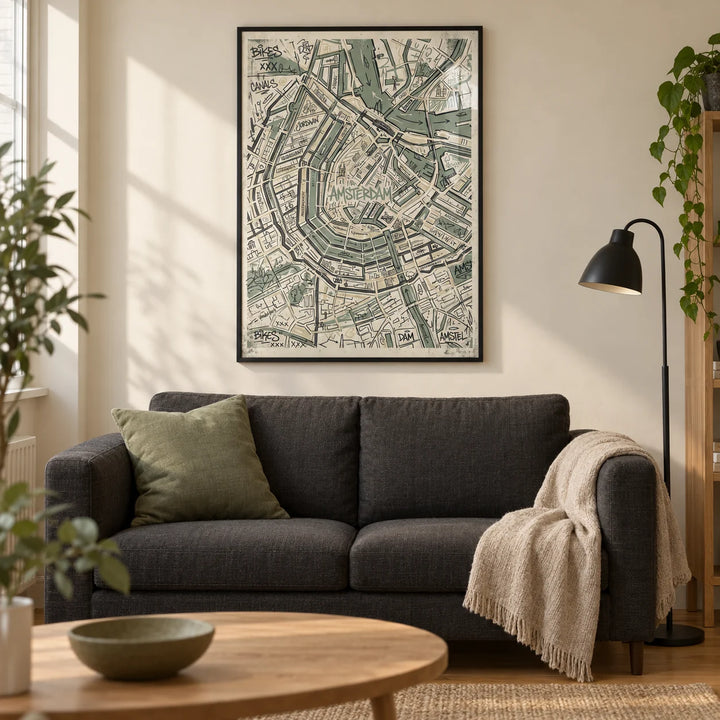 Amsterdam Map Art Print, framed on the wall of a modern living room in a UK city flat with a warm cream wall and honey oak floor