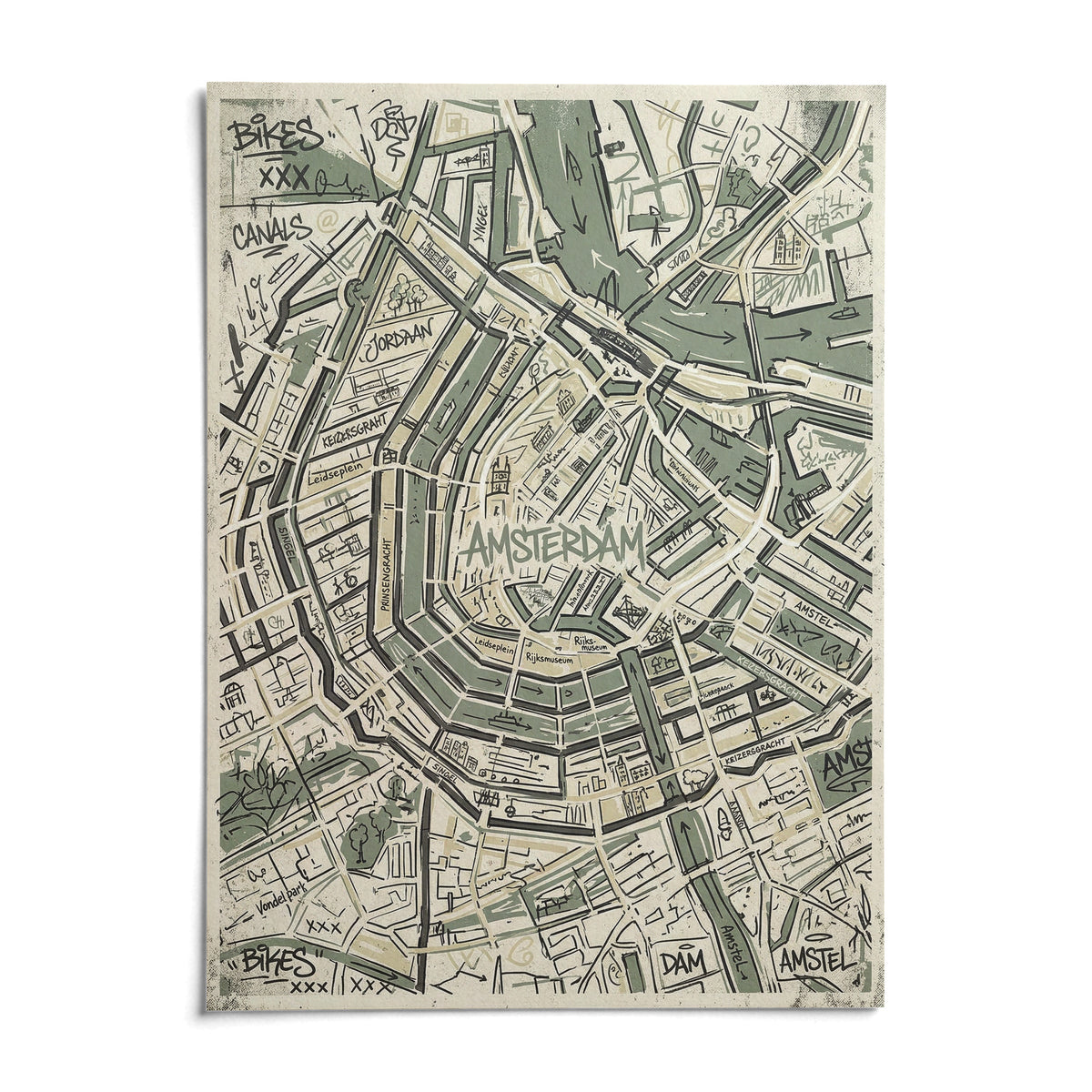 Amsterdam Map Art Print, shown as an unframed paper print on a plain white background