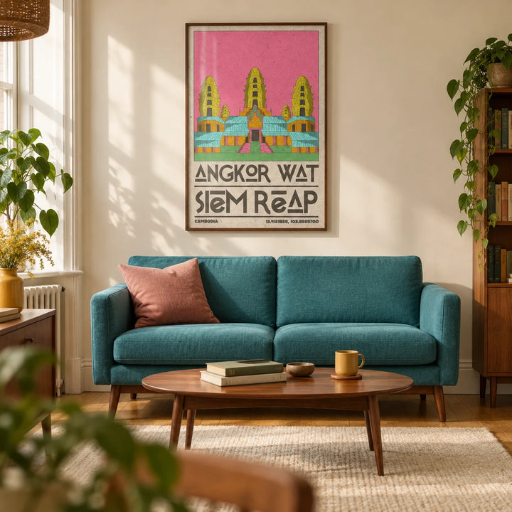 Angkor Wat Art, framed on the wall of a characterful living room in a Victorian terrace with warm ivory walls
