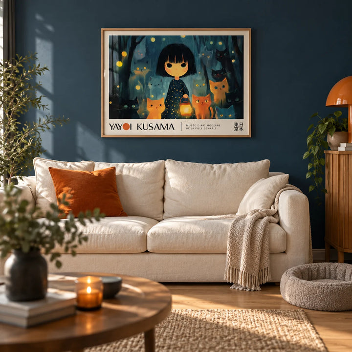 Anime Girl Poster, framed on the wall of a cosy living room with a deep blue painted wall and a light oak floor