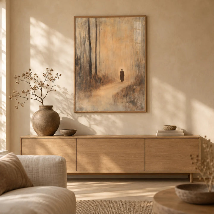 Antique Japanese Prints, framed on the wall of a calm wabi-sabi living room with a warm sand limewash wall and a pale oak floor