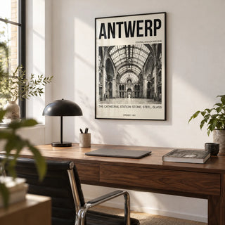 Antwerp Central Station Art Print, framed on the wall of a modern home office with white walls