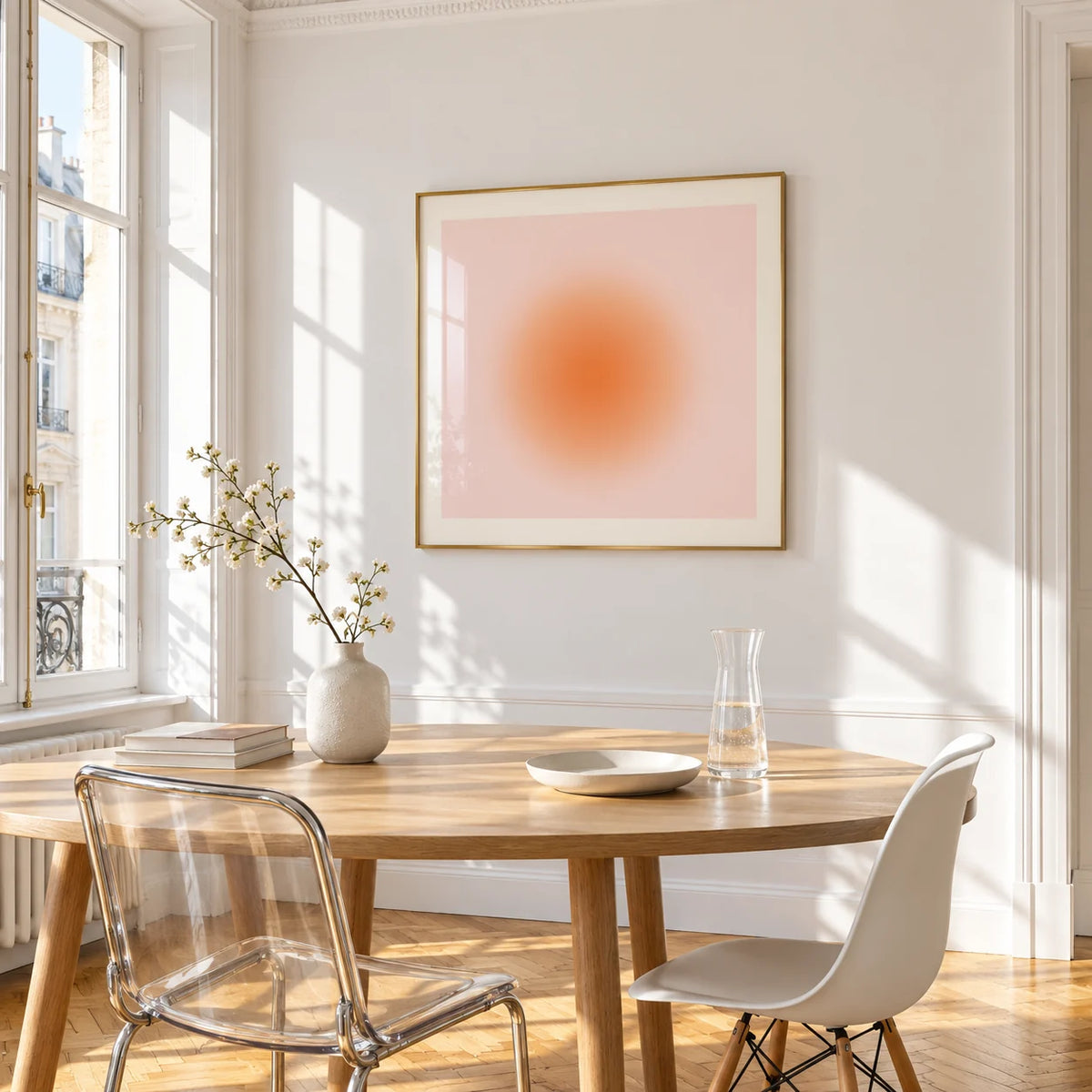 Apricot Print, framed on the wall of a bright dining corner