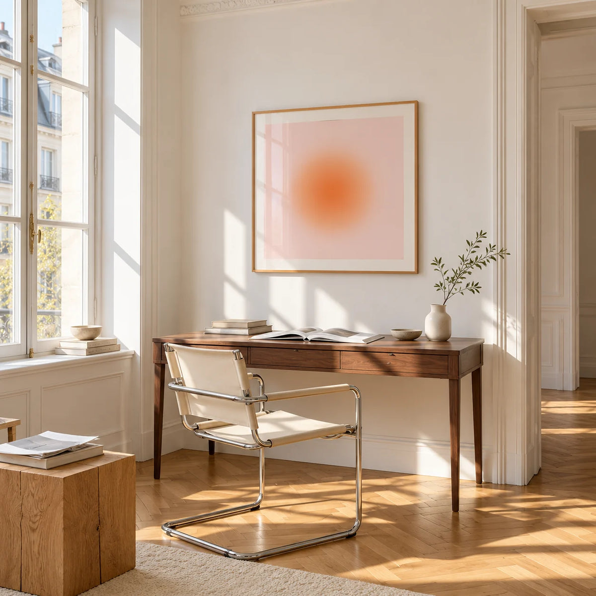 Apricot Print, framed on the wall of a bright study corner with a tall white paned window