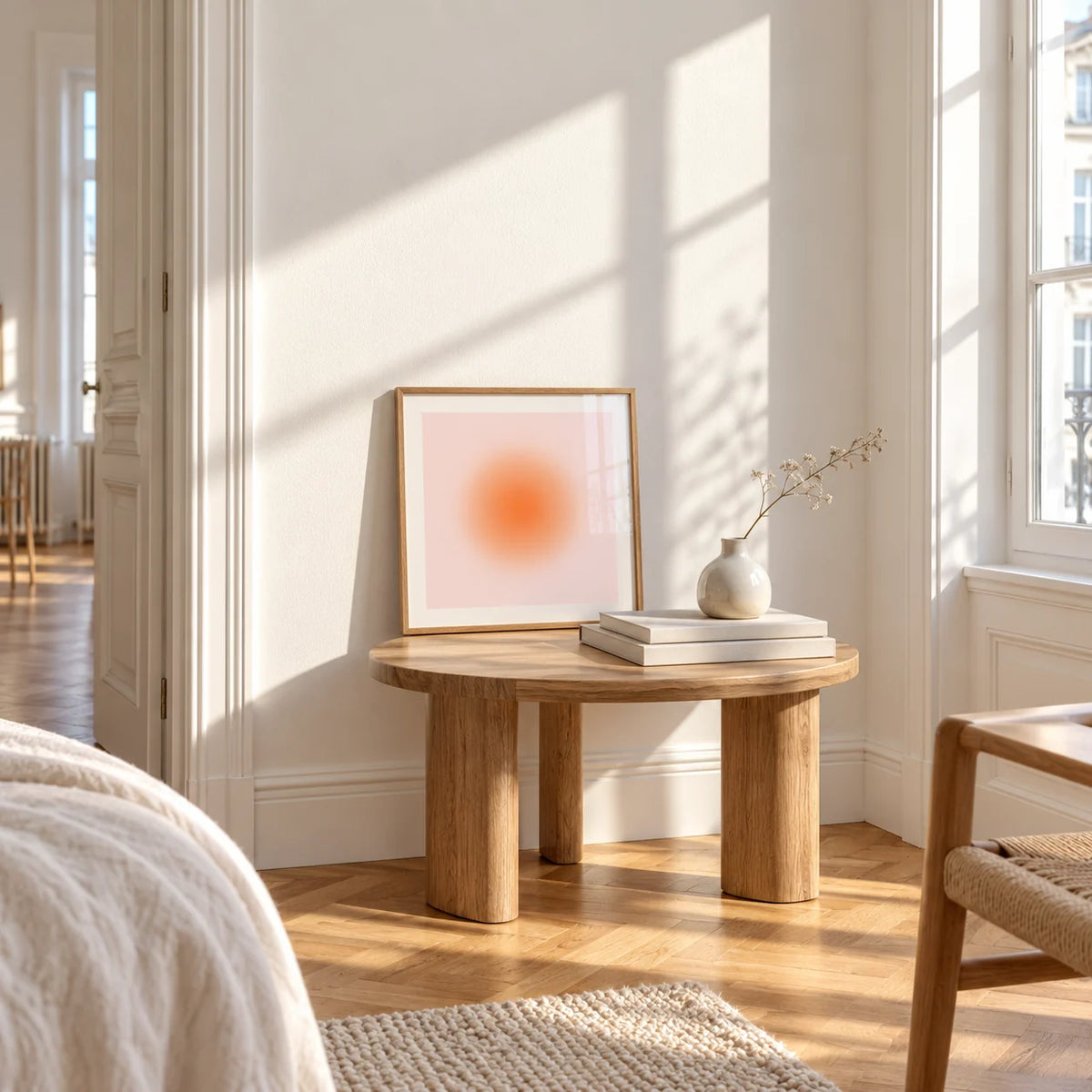 Apricot Print, a small square framed print leaning on a small solid oak side table