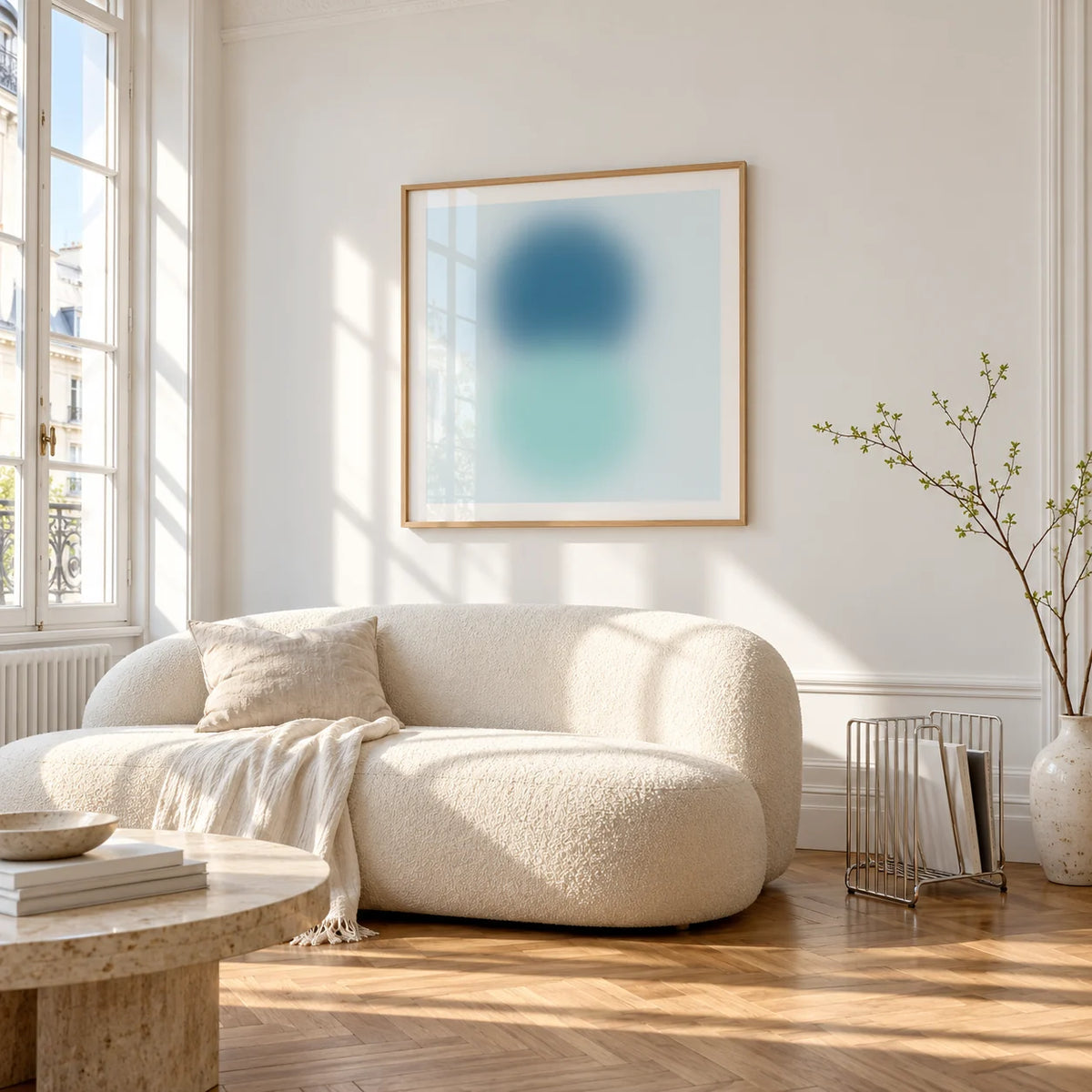 Aqua Print, framed on the wall of a bright living room corner