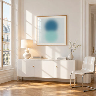 Aqua Print, framed on the wall of a bright Paris style apartment in a living room