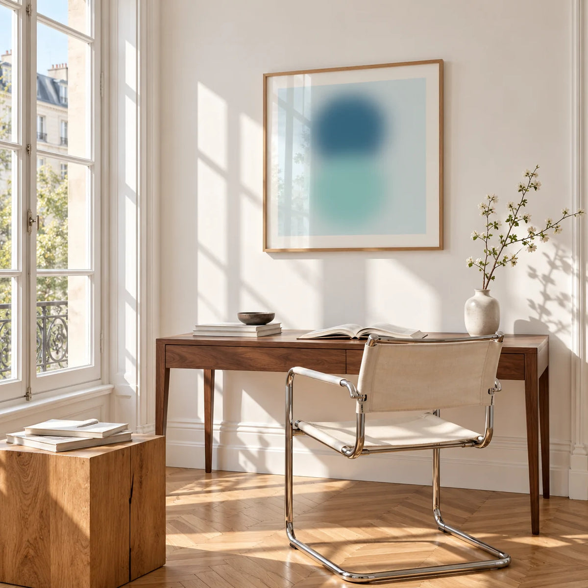Aqua Print, framed on the wall of a bright study corner with a tall white paned window