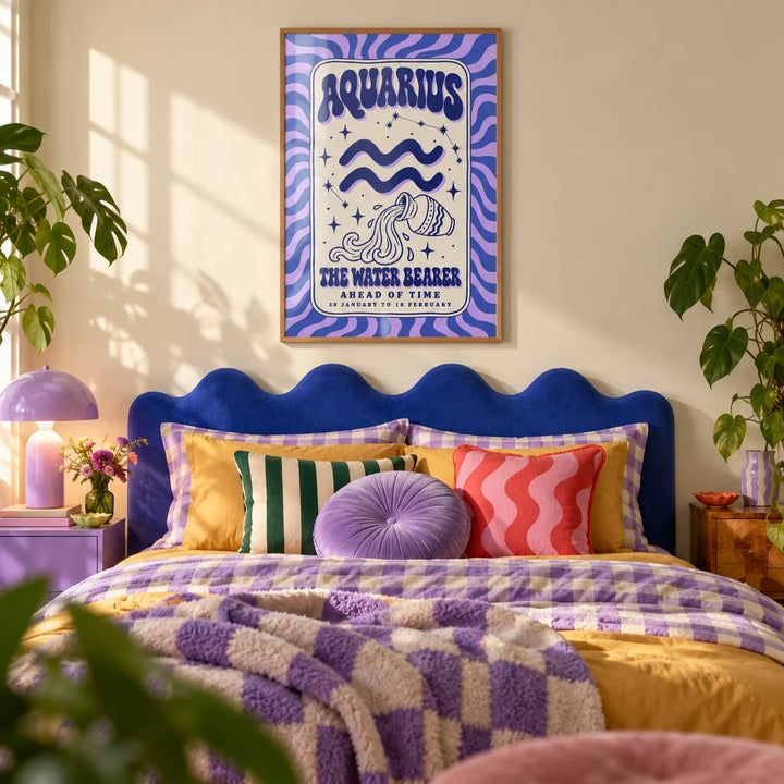 Aquarius Print, framed on the wall of a colourful dopamine bedroom
