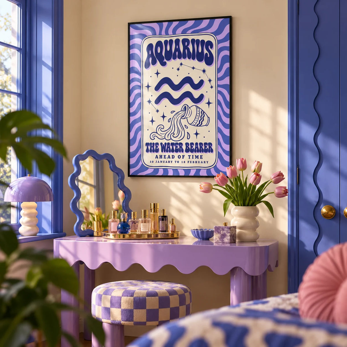 Aquarius Print, framed on the wall of a playful dressing area in a bathroom