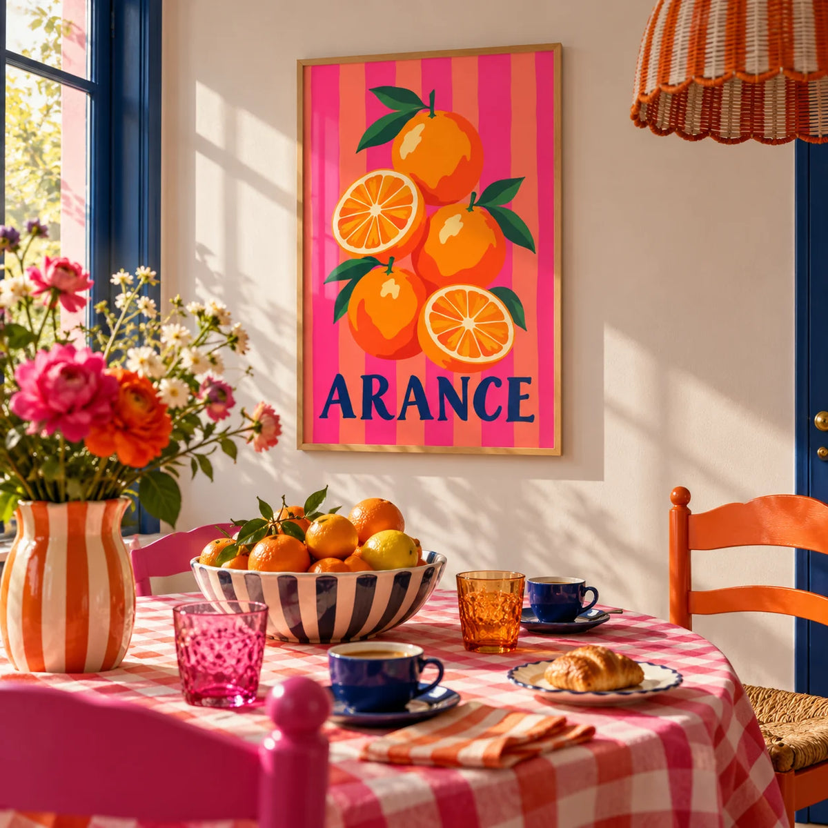 Arance Stripes Print, framed on the wall of a bright breakfast nook in a kitchen