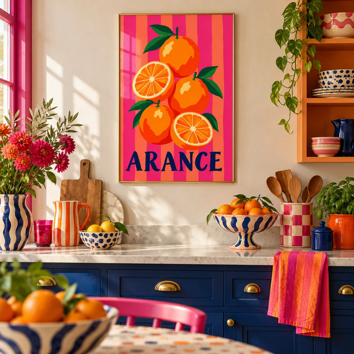 Arance Stripes Print, framed on the wall of a colourful dopamine kitchen