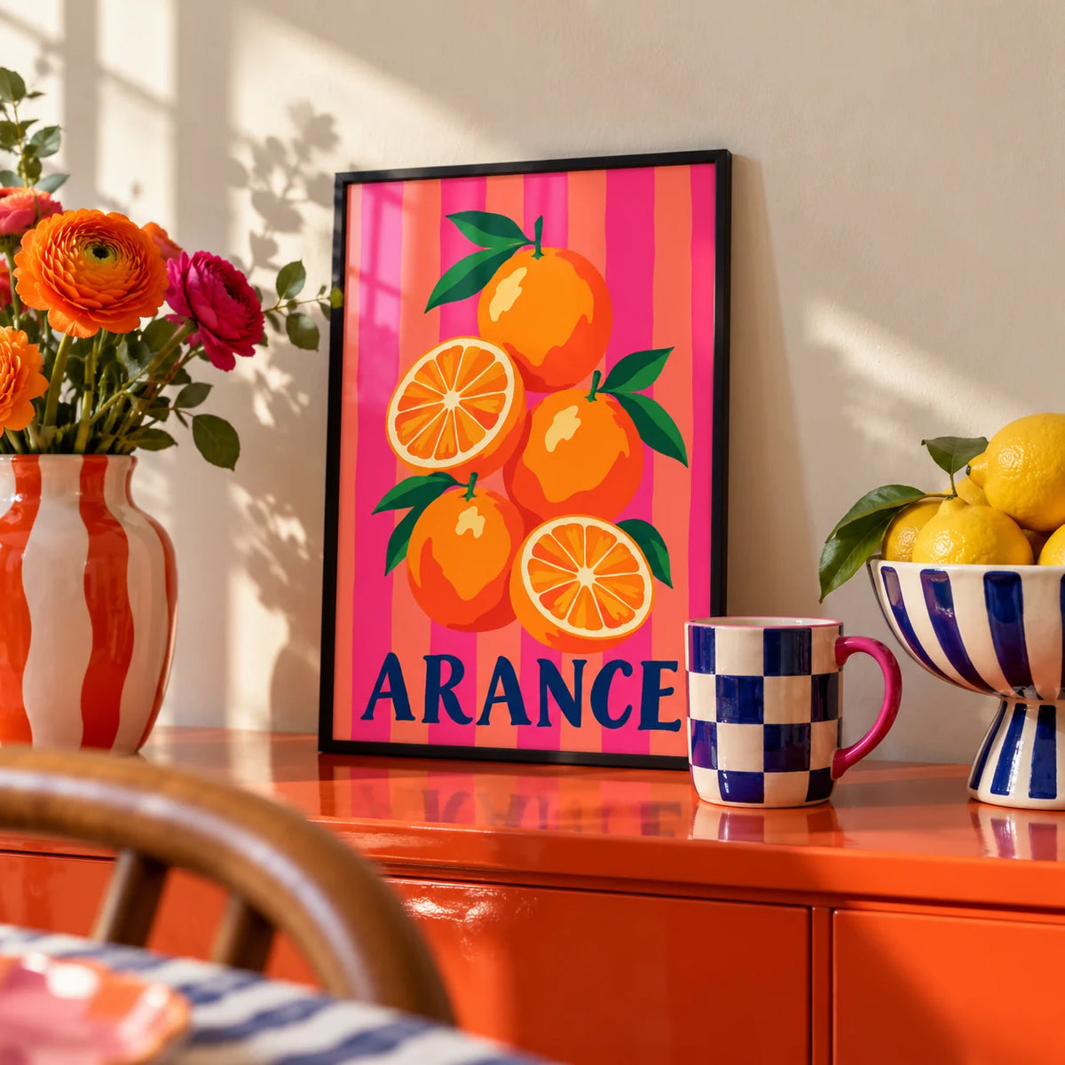 Arance Stripes Print, a small A4 framed print leaning on a colourful lacquered shelf in a living room