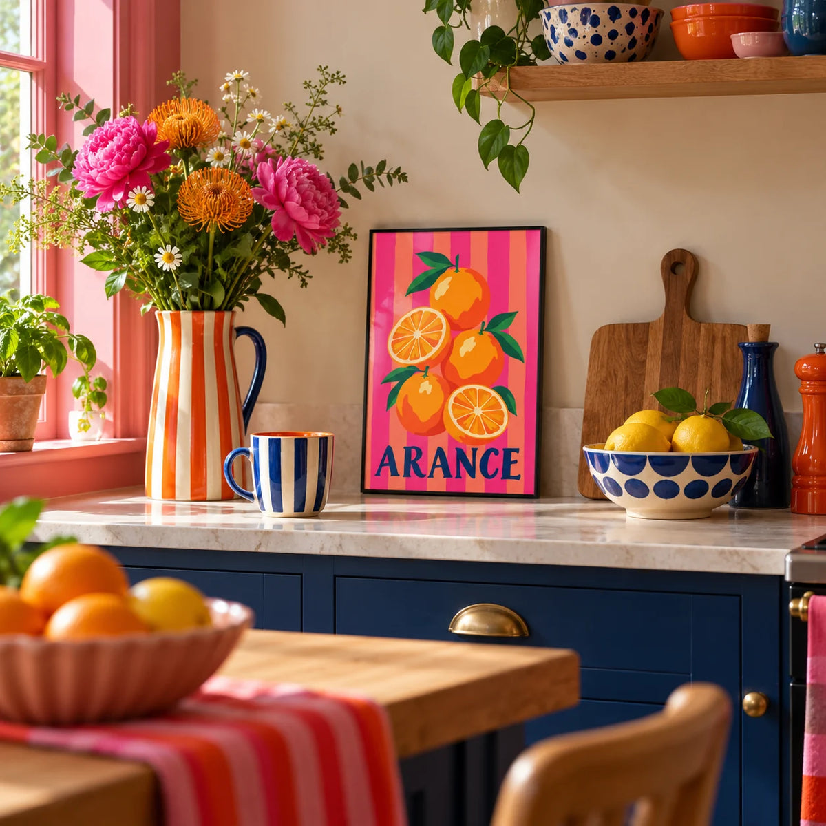Arance Stripes Print, a small A4 framed print leaning on a kitchen worktop