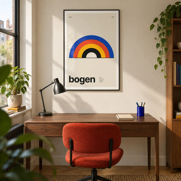 Arch Print, framed on the wall of a modern home office in a UK city flat with a warm white wall and oak parquet floor