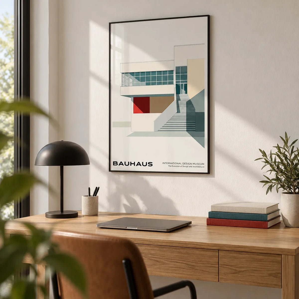 Architecture Posters, framed on the wall of a minimal home office