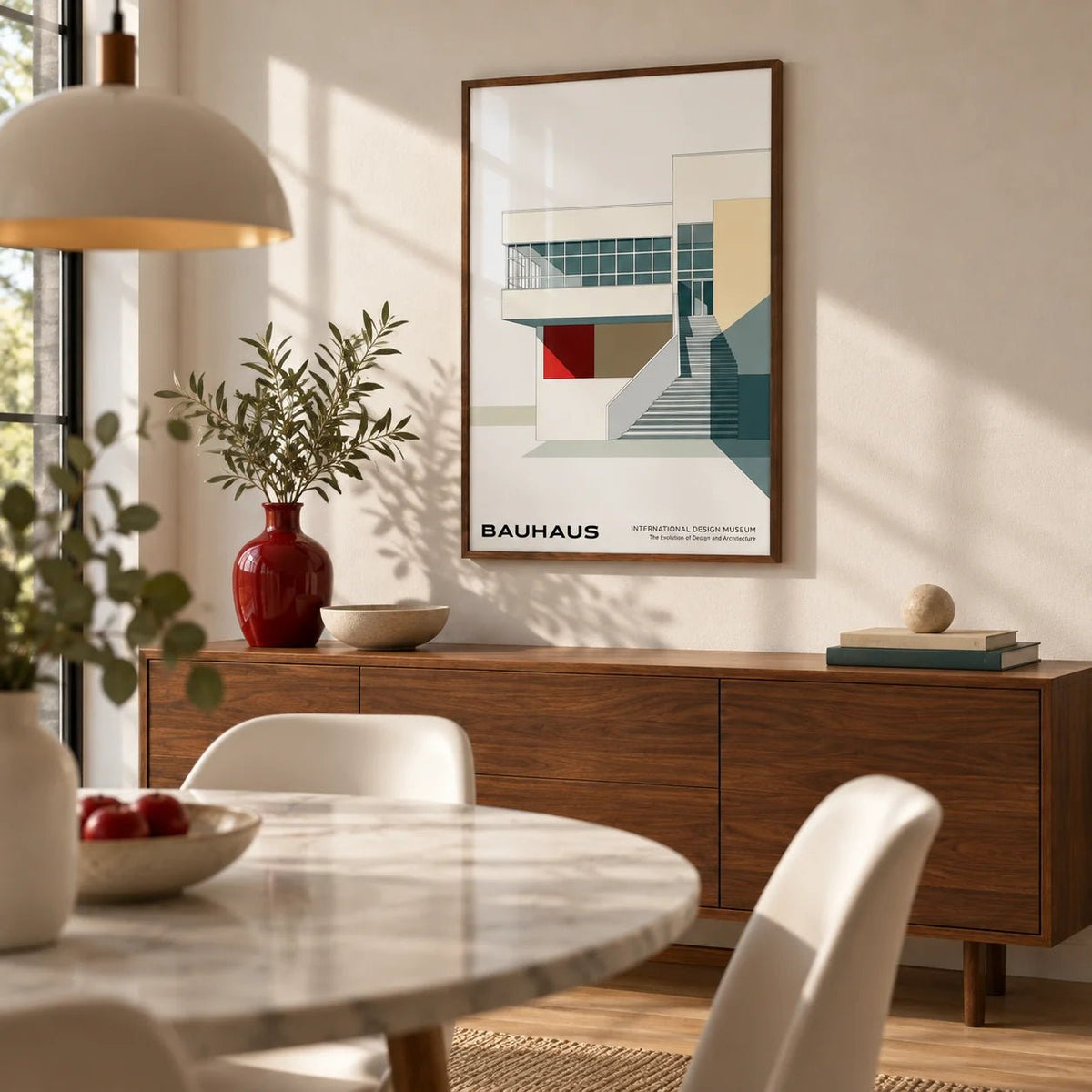 Architecture Posters, framed on the wall of a modern dining room
