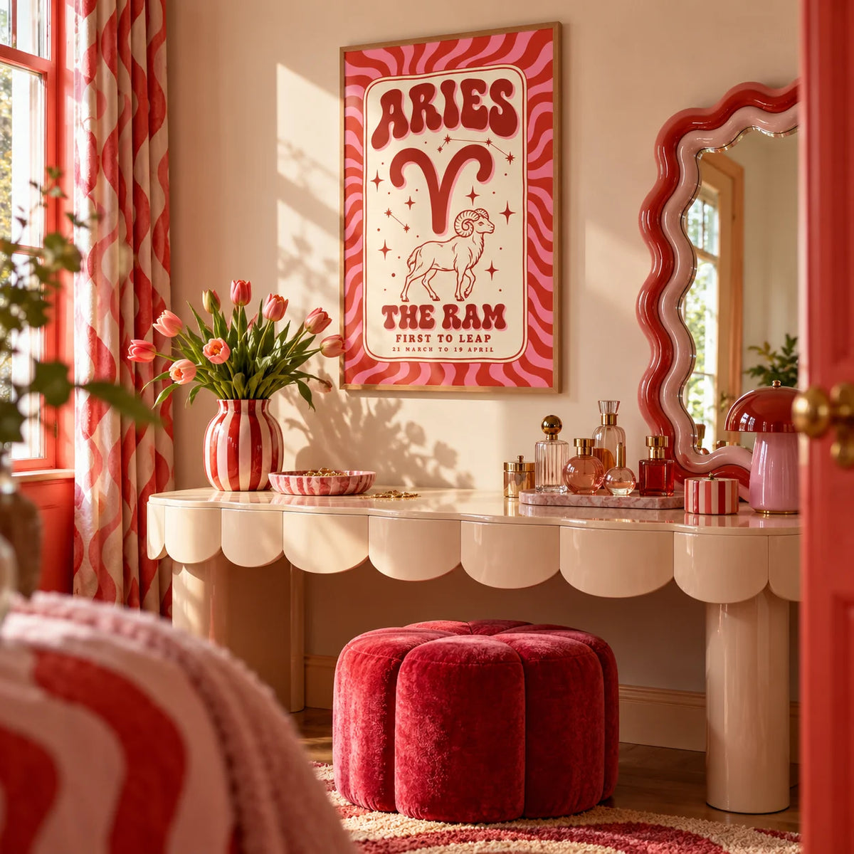 Aries Print, framed on the wall of a playful dressing area in a bathroom