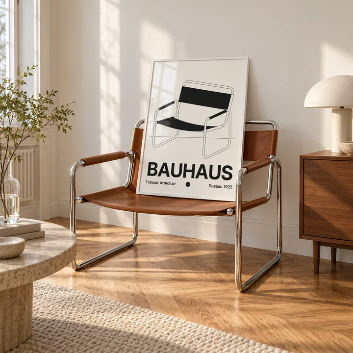 Armchair Print, framed on the wall of a bright white room with tall white walls and warm herringbone oak parquet in soft morning light in a living room