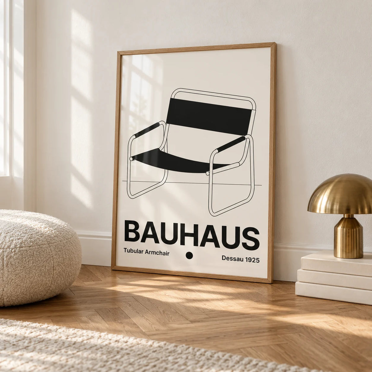 Armchair Print, framed on the wall of a calm white room with a white skirting board and herringbone oak parquet
