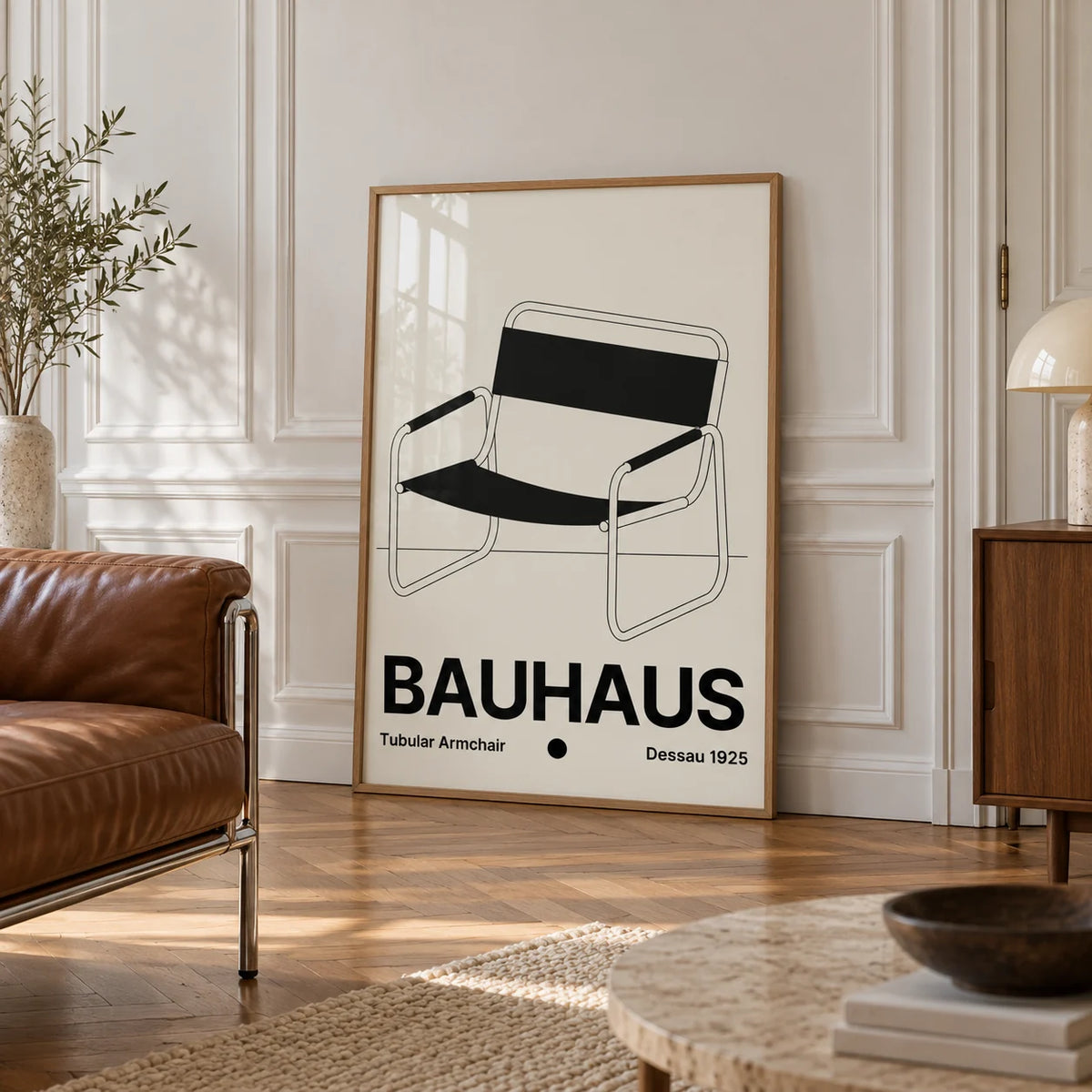 Armchair Print, framed on the wall of an elegant room with white panelled walls with classic mouldings and a herringbone oak floor in soft side light
