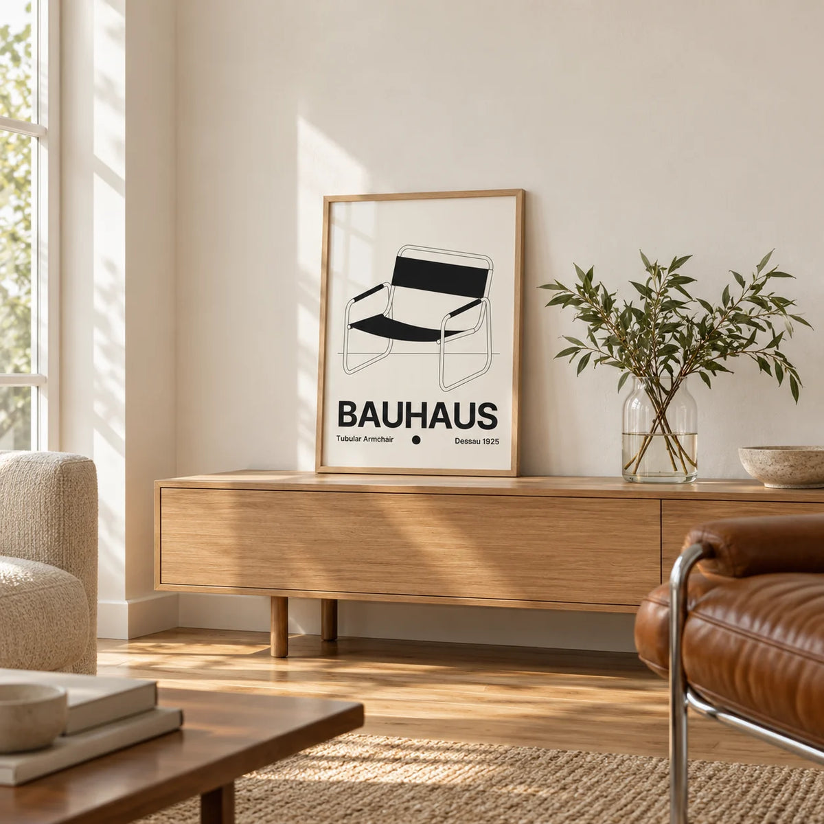 Armchair Print, a small A4 framed print leaning on a low pale wooden side table in a hallway