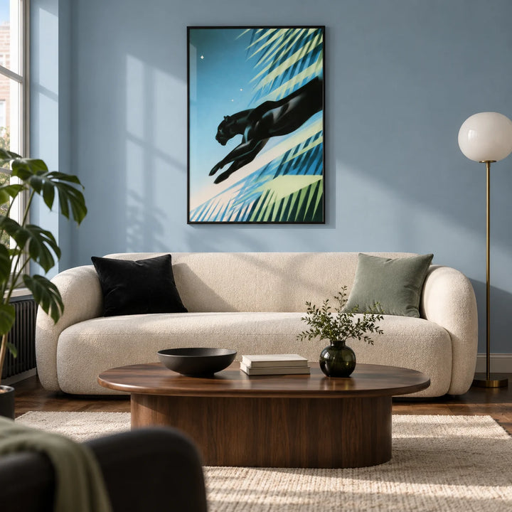 Art Deco Black Panther Print, framed on the wall of a contemporary living room in a UK city flat with a muted sky blue wall